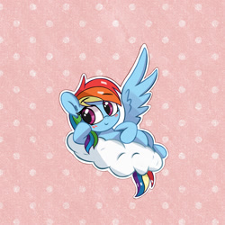 Size: 1620x1620 | Tagged: safe, artist:kqaii, rainbow dash, pegasus, pony, g4, chibi, cloud, cute, dashabetes, lying down, lying on a cloud, on a cloud, one wing out, outline, polka dot background, solo, supporting head, white outline, wings