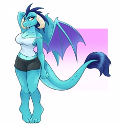 Size: 2625x2775 | Tagged: safe, artist:ambris, princess ember, dragon, anthro, digitigrade anthro, g4, abstract background, amber eyes, arm behind head, barefoot, belly button, big breasts, booty shorts, breasts, busty princess ember, claws, cleavage, clothes, curvy, dragoness, dreamworks face, eyebrows, eyelashes, feet, female, grin, high res, horns, legs, legs together, lizard breasts, looking at you, midriff, off shoulder, pigeon toed, sexy, sharp teeth, short shirt, shorts, sideboob, simple background, smiling, smiling at you, solo, spread wings, stupid sexy princess ember, tank top, teeth, thighs, wall of tags, white background, wide hips, wings