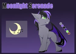 Size: 1280x922 | Tagged: safe, artist:snowstormbat, oc, oc:moonlight serenade, bat pony, cute, cutie mark, heterochromia, purple background, reference sheet, simple background, smiling