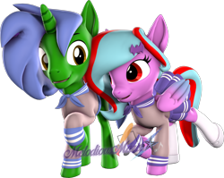 Size: 2670x2126 | Tagged: safe, alternate version, artist:melodismol, oc, oc:omega(phosphorshy), oc:star beats, pegasus, pony, unicorn, 3d, clothes, dress, high res, looking at each other, looking at someone, melodiphosphor, oc x oc, school uniform, shipping, shirt, shoes, simple background, socks, source filmmaker, transparent background