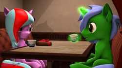 Size: 3840x2160 | Tagged: safe, artist:melodismol, oc, oc:omega(phosphorshy), oc:star beats, pegasus, pony, unicorn, 3d, chocolate, curtains, date, food, high res, looking at each other, looking at someone, magic, magic aura, melodiphosphor, oc x oc, shipping, source filmmaker, table, tea