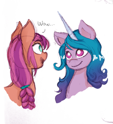 Size: 3024x3337 | Tagged: safe, artist:voxaro, izzy moonbow, sunny starscout, earth pony, pony, unicorn, g5, my little pony: a new generation, high res, looking at each other, looking at someone, simple background, sketch