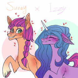 Size: 2500x2500 | Tagged: safe, artist:rainwysweet, izzy moonbow, sunny starscout, earth pony, pony, unicorn, g5, my little pony: a new generation, blushing, female, heart, high res, lesbian, ship:moonscout, shipping