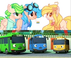 Size: 1500x1230 | Tagged: safe, alternate version, artist:soiar-deityyt, pony, base used, bus, female, group, hasbro, lani (tayo the little bus), male, ponified, pride flag, rogi (tayo the little bus), south korea, tayo (tayo the little bus), tayo the little bus, trio