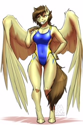 Size: 2000x3000 | Tagged: safe, artist:mykegreywolf, oc, oc only, oc:static spark, pegasus, anthro, unguligrade anthro, belly button, breasts, clothes, cutie mark, female, high res, high-cut clothing, one-piece swimsuit, simple background, smiling, solo, swimsuit, wings