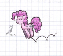 Size: 1407x1248 | Tagged: safe, artist:nightshadow154, pinkie pie, earth pony, pony, g4, ^^, eyes closed, graph paper, pronking, smiling, solo, traditional art