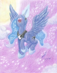Size: 2535x3242 | Tagged: safe, artist:nightshadow154, princess luna, pony, g4, flying, glowing, glowing horn, high res, horn, solo, traditional art