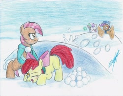 Size: 3287x2546 | Tagged: safe, artist:nightshadow154, apple bloom, babs seed, scootaloo, sweetie belle, earth pony, pegasus, pony, unicorn, g4, clothes, glowing, glowing horn, hat, high res, horn, magic, scarf, snow, snowball, snowball fight, telekinesis, traditional art, winter