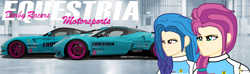 Size: 4091x1205 | Tagged: safe, artist:forzaveteranenigma, edit, izzy moonbow, sunny starscout, human, fanfic:equestria motorsports, equestria girls, g4, g5, my little pony: a new generation, braid, car, determination, determined, determined face, determined look, ear piercing, earring, ferrari, ferrari 458 italia gtc, ferrari 599 gto, forza motorsport, forza motorsport 7, garage, human coloration, jewelry, livery, long hair, motorsport, piercing, racecar, racing suit, serious, serious face, watermark