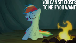 Size: 1280x720 | Tagged: safe, edit, edited screencap, editor:quoterific, screencap, rainbow dash, pegasus, pony, campfire tales, g4, season 7, campfire, eyes closed, female, fire, mare, open mouth, open smile, smiling, solo