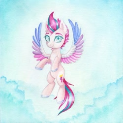 Size: 680x680 | Tagged: safe, artist:0okami-0ni, zipp storm, pegasus, pony, g5, my little pony: a new generation, cloud, female, flying, mare, sky, solo, traditional art, watercolor painting, wings