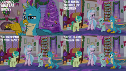 Size: 1280x720 | Tagged: safe, edit, edited screencap, editor:quoterific, screencap, gallus, ocellus, sandbar, silverstream, changeling, earth pony, griffon, hippogriff, pony, g4, my little pony: friendship is magic, season 8, the hearth's warming club, female, male, open mouth, open smile, smiling, stallion