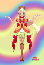 Size: 1600x2400 | Tagged: safe, artist:saphari, applejack, human, g4, abstract background, base used, boots, braid, clothes, dress, female, gloves, hat, humanized, magical girl, shoes, smiling, solo