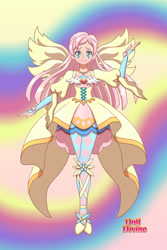 Size: 1600x2400 | Tagged: safe, artist:saphari, fluttershy, human, g4, abstract background, base used, clothes, dress, evening gloves, female, fingerless elbow gloves, fingerless gloves, gloves, humanized, long gloves, magical girl, smiling, solo, winged humanization, wings