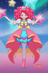 Size: 1600x2400 | Tagged: safe, artist:saphari, pinkie pie, human, g4, base used, clothes, cupcake, dress, female, food, gloves, humanized, magical girl, smiling, solo, stars