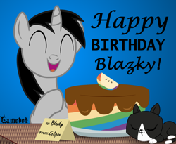 Size: 1100x900 | Tagged: safe, artist:tcgamebot, oc, oc only, oc:blazky, cat, pony, birthday, cake, cute, food, gift art, happy, male, open mouth, show accurate, sleeping, smiling, text, unicorno