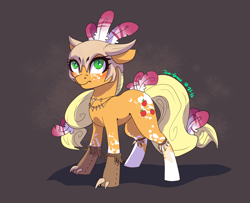 Size: 1600x1300 | Tagged: safe, alternate version, artist:joan-grace, part of a set, applejack, earth pony, pony, g4, claws, feather, female, floppy ears, helmet, part of a series, solo, tassels, tribal