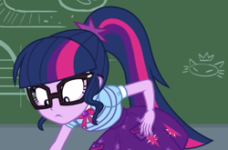 Size: 536x354 | Tagged: safe, screencap, sci-twi, twilight sparkle, equestria girls, equestria girls series, g4, holidays unwrapped, the cider louse fools, spoiler:eqg series (season 2), :|, bending, bowtie, clothes, cropped, cutie mark on clothes, geode of telekinesis, glasses, jewelry, looking down, magical geodes, pendant, polo shirt, ponytail, reaching, skirt, solo