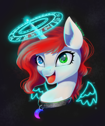 Size: 2000x2400 | Tagged: safe, artist:joan-grace, oc, oc only, pony, unicorn, artificial wings, augmented, collar, eyelashes, female, glowing, glowing horn, heterochromia, high res, horn, magic, magic circle, magic wings, mare, signature, smiling, solo, unicorn oc, wings