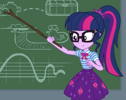 Size: 725x573 | Tagged: safe, screencap, sci-twi, twilight sparkle, equestria girls, equestria girls specials, g4, my little pony equestria girls: better together, my little pony equestria girls: holidays unwrapped, the cider louse fools, bowtie, chalkboard, clothes, cropped, cutie mark on clothes, geode of telekinesis, glasses, grin, jewelry, magical geodes, not bad, pendant, polo shirt, skirt, smiling, solo, stick