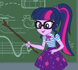 Size: 610x548 | Tagged: safe, screencap, sci-twi, twilight sparkle, human, equestria girls, equestria girls specials, g4, my little pony equestria girls: better together, my little pony equestria girls: holidays unwrapped, the cider louse fools, chalkboard, cropped, female, glasses, ponytail, smiling, solo