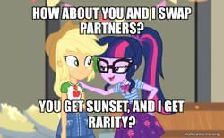 Size: 800x494 | Tagged: safe, edit, edited screencap, screencap, applejack, sci-twi, twilight sparkle, equestria girls, equestria girls series, holidays unwrapped, the cider louse fools, spoiler:eqg series (season 2), caption, image macro, implied lesbian, implied polyamory, implied rarijack, implied scitwishimmer, implied shipping, sci-twi is a turboslut, text