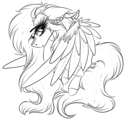 Size: 2601x2506 | Tagged: safe, artist:beamybutt, oc, oc only, pegasus, pony, chest fluff, ear fluff, eyelashes, female, high res, lineart, mare, monochrome, pegasus oc, solo, wings