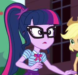 Size: 568x549 | Tagged: safe, screencap, applejack, sci-twi, twilight sparkle, equestria girls, equestria girls series, g4, holidays unwrapped, the cider louse fools, spoiler:eqg series (season 2), cropped