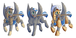 Size: 4592x2273 | Tagged: safe, artist:royvdhel-art, oc, oc only, oc:cloud zapper, pegasus, pony, armor, male, mouth hold, pegasus oc, royal guard, solo, stallion, sword, weapon