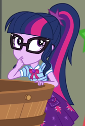 Size: 400x597 | Tagged: safe, screencap, sci-twi, twilight sparkle, equestria girls, equestria girls specials, g4, my little pony equestria girls: better together, my little pony equestria girls: holidays unwrapped, the cider louse fools, bowtie, clothes, cropped, cutie mark on clothes, finger in mouth, geode of telekinesis, glasses, jewelry, looking up, magical geodes, pendant, polo shirt, ponytail, skirt, solo, tasting