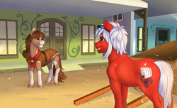Size: 3139x1910 | Tagged: safe, artist:royvdhel-art, oc, oc only, earth pony, pony, duo, earth pony oc, glasses, outdoors, smiling