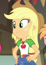 Size: 359x499 | Tagged: safe, screencap, applejack, big macintosh, equestria girls, equestria girls specials, g4, my little pony equestria girls: better together, my little pony equestria girls: holidays unwrapped, the cider louse fools, applejack's hat, belt, blonde hair, clothes, cowboy hat, cropped, cute, cutie mark on clothes, denim, denim skirt, freckles, geode of super strength, green eyes, grin, hand on hip, hat, jewelry, low ponytail, magical geodes, necklace, offscreen character, offscreen human, orange skin, shirt, skirt, smiling, solo focus, stetson, t-shirt
