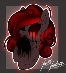 Size: 1972x2168 | Tagged: safe, artist:yumeyuuheii, oc, oc only, earth pony, pony, abstract background, black sclera, black tears, bust, crying, earth pony oc, signature, smiling