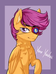 Size: 1509x2000 | Tagged: safe, artist:yumeyuuheii, scootaloo, pegasus, pony, g4, abstract background, bust, chest fluff, eyepatch, female, mare, older, older scootaloo, raised hoof, signature, smiling, wings