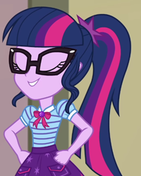 Size: 472x590 | Tagged: safe, screencap, sci-twi, twilight sparkle, equestria girls, equestria girls series, g4, holidays unwrapped, the cider louse fools, spoiler:eqg series (season 2), bowtie, clothes, cropped, cutie mark on clothes, eyes closed, geode of telekinesis, glasses, grin, hand on hip, jewelry, magical geodes, pendant, polo shirt, ponytail, skirt, smiling, solo
