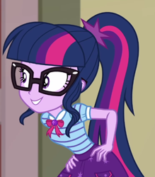 Size: 502x574 | Tagged: safe, screencap, sci-twi, twilight sparkle, equestria girls, equestria girls specials, g4, my little pony equestria girls: better together, my little pony equestria girls: holidays unwrapped, the cider louse fools, bending, bowtie, clothes, cropped, cute, geode of telekinesis, glasses, grin, jewelry, magical geodes, pendant, polo shirt, ponytail, skirt, smiling, solo, teeth