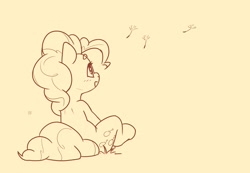 Size: 2116x1466 | Tagged: safe, artist:bunchedupletters, pinkie pie, earth pony, pony, g4, dandelion, female, lineart, looking at something, mare, monochrome, qr code, seeds, sitting, solo