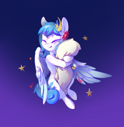 Size: 1387x1424 | Tagged: safe, artist:blue ink, oc, oc only, oc:freesia iris, pegasus, pony, body pillow, eyebrows, eyebrows visible through hair, eyes closed, female, hug, pillow, pillow hug, smiling, solo, wristband