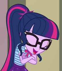Size: 463x532 | Tagged: safe, screencap, sci-twi, twilight sparkle, equestria girls, equestria girls specials, g4, my little pony equestria girls: better together, my little pony equestria girls: holidays unwrapped, the cider louse fools, bow, clothes, cropped, crossed arms, eyes closed, geode of telekinesis, glasses, jewelry, magical geodes, open mouth, open smile, pendant, polo shirt, ponytail, skirt, smiling, solo