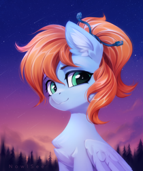 Size: 2000x2386 | Tagged: safe, artist:inowiseei, oc, oc only, oc:morning star, pegasus, pony, aquamarine eyes, blue coat, cable, chest fluff, ear fluff, eyebrows, eyelashes, female, fir tree, folded wings, green eyes, hair bun, high res, looking at you, mare, morning, ponytail, shooting star, signature, sky background, smiling, smiling at you, solo, stars, sunrise, tree, twilight (astronomy), wings