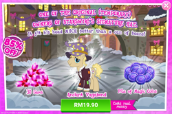 Size: 1034x686 | Tagged: safe, gameloft, can o'beans, earth pony, pony, g4, my little pony: magic princess, advertisement, clothes, costs real money, hat, introduction card, male, patch, solo, stallion