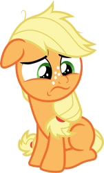Size: 3000x4968 | Tagged: safe, artist:cloudy glow, applejack, earth pony, pony, g4, going to seed, .ai available, cute, female, filly, filly applejack, floppy ears, foal, freckles, frown, full body, green eyes, hair tie, high res, jackabetes, simple background, sitting, solo, transparent background, vector, younger