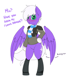 Size: 2400x2700 | Tagged: safe, artist:ponynamedmixtape, oc, oc only, oc:ametrine paraphernalia, oc:infinatus amor, pegasus, semi-anthro, fallout equestria, arm hooves, armor, bipedal, blushing, boots, bottomless, clothes, dialogue, femboy, feminine stallion, high res, hips, looking at you, male, partial nudity, scarf, shirt, shoes, simple background, solo, text, transparent background