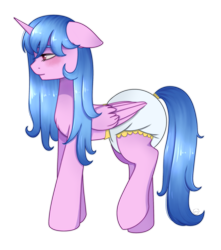 Size: 2005x2268 | Tagged: safe, artist:vaiola, oc, oc only, alicorn, pony, adult foal, alicorn oc, blushing, commission, cute, diaper, diaper fetish, fetish, floppy ears, full body, high res, horn, long mane, non-baby in diaper, poofy diaper, simple background, smiling, solo, transparent background, wings, ych result