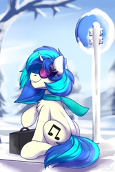 Size: 1600x2400 | Tagged: safe, artist:shadowreindeer, dj pon-3, vinyl scratch, pony, unicorn, g4, chest fluff, clothes, female, mare, road sign, scarf, sign, sitting, smiling, snow, solo, sunglasses, tree, winter