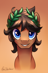 Size: 2000x3000 | Tagged: safe, artist:jedayskayvoker, oc, oc only, oc:laurel crown, earth pony, pony, bust, crown, eyebrows, eyebrows visible through hair, gradient background, high res, icon, jewelry, looking at you, male, portrait, regalia, short hair, smiling, solo, stallion