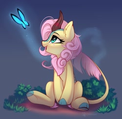 Size: 1246x1216 | Tagged: safe, artist:taneysha, fluttershy, butterfly, kirin, abstract background, blush sticker, blushing, cloven hooves, cute, ear fluff, eyelashes, female, green eyes, kirin fluttershy, kirin-ified, mare, open mouth, open smile, pink hair, quadrupedal, shyabetes, sitting, smiling, solo, species swap, underhoof