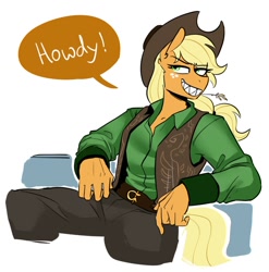 Size: 988x1002 | Tagged: safe, artist:redxbacon, applejack, anthro, belt, belt buckle, clothes, cowboy hat, cowgirl, eyebrows, eyebrows visible through hair, female, hat, pants, sharp teeth, shirt, simple background, sitting, solo, speech bubble, stetson, straw in mouth, teeth, vest, white background