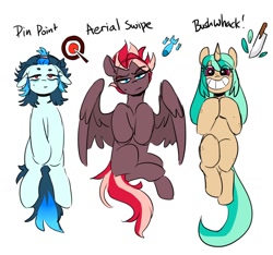 Size: 1144x1070 | Tagged: safe, artist:redxbacon, oc, oc only, oc:aerial swipe, oc:bush whack, oc:pin point, earth pony, pegasus, pony, unicorn, bean mouth, beanbrows, beauty mark, cyan eyes, ears back, earth pony oc, eyebrows, female, freckles, grin, horn, leg freckles, lidded eyes, magenta eyes, mare, partially open wings, pegasus oc, red eyes, simple background, smiling, sweat, sweatdrop, tired, unicorn oc, white background, wings