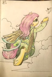 Size: 2630x3873 | Tagged: safe, artist:b_m, fluttershy, pegasus, semi-anthro, g4, arm hooves, clothes, cloud, flying, high res, solo, traditional art, wings